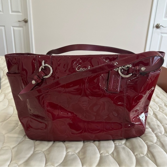 Coach Embossed Burgundy Patent Leather Tote - Picture 1 of 13